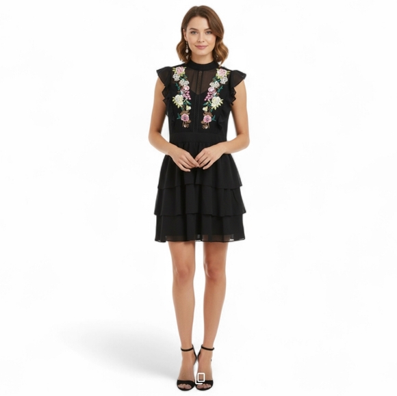 A.Moss Dresses & Skirts - A.Moss Johnny Was Inspired Black Ruffled Tiered Mini Dress Mock Neck